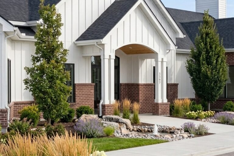 Front entrance of a modern white house with brick accents, peaked rooflines, and landscaped shrubs and stone beds