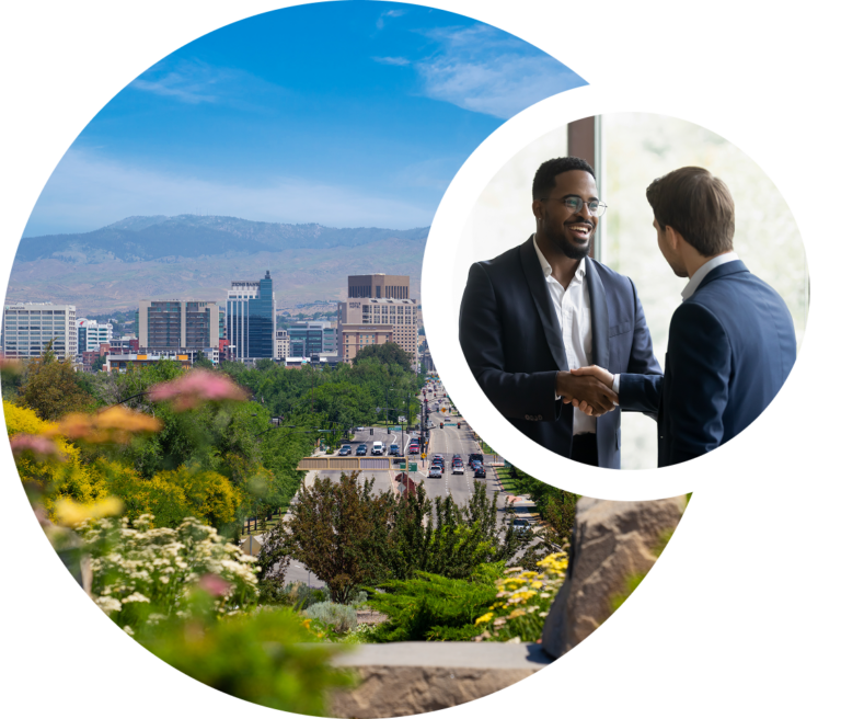 City skyline with a tree-lined street and mountains, overlaid with two businessmen shaking hands indoors.