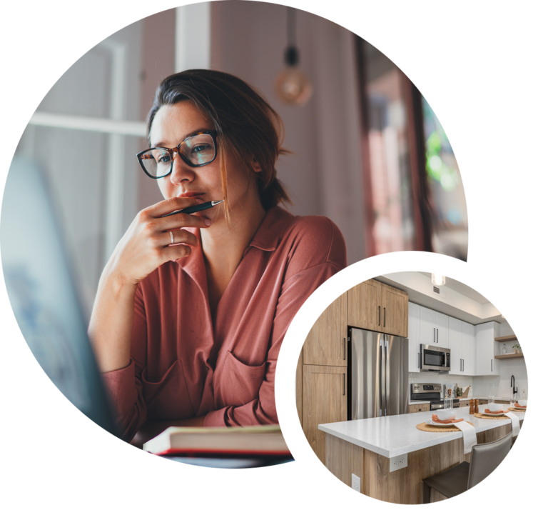 Thoughtful woman with glasses holding a pen while looking at a laptop, with an inset photo of a modern kitchen.