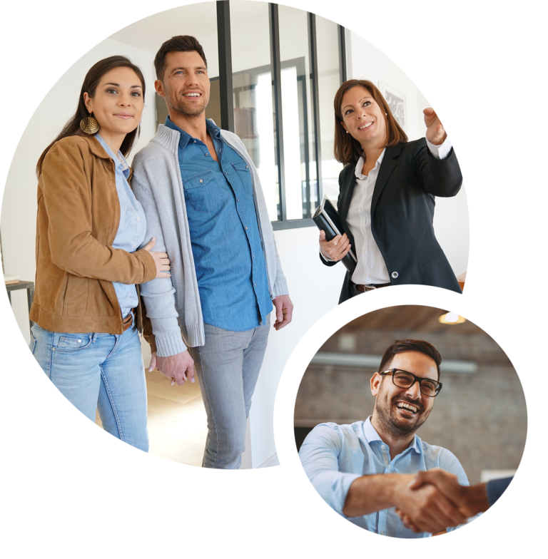 Real estate agent showing a couple a home, with inset of a smiling man shaking hands.