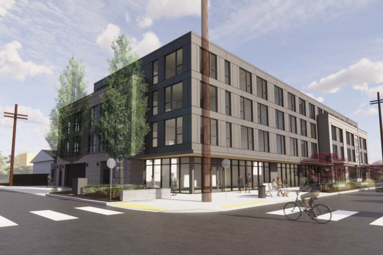 Architectural rendering of a modern four-story corner building with large windows, street-level storefronts, and pedestrians.